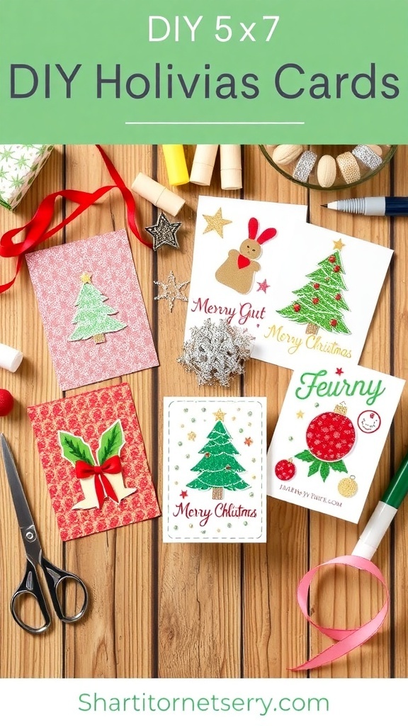A collection of colorful DIY Christmas cards on a wooden table with crafting supplies.